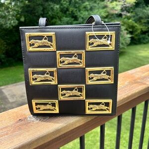 NIMA Vtg Black Purse Bag Gold Metal Jaguar Handbag Crossbody